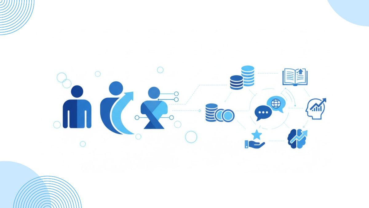 Visual representation of different types of alumni and their engagement, including mentoring, networking, donations, and volunteering, illustrated with blue-themed graphics on a white background.