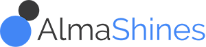AlmaShines logo featuring a bold, modern design in blue and black, representing building community