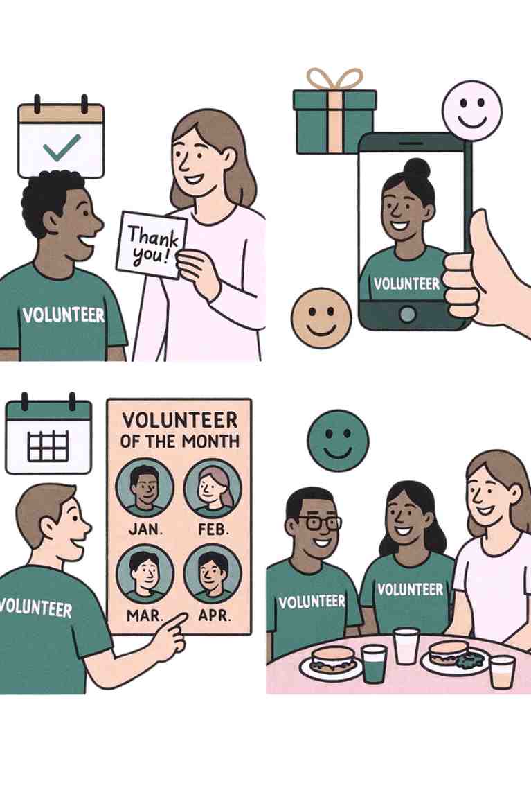 Illustration of a diverse group of volunteers being celebrated throughout the year—depicting scenes like handwritten thank-you notes, social media shout-outs, volunteer-of-the-month bulletin boards, and small appreciation lunches. Include calendar icons, gift boxes, and smiling faces to symbolize consistent volunteer appreciation all year round.