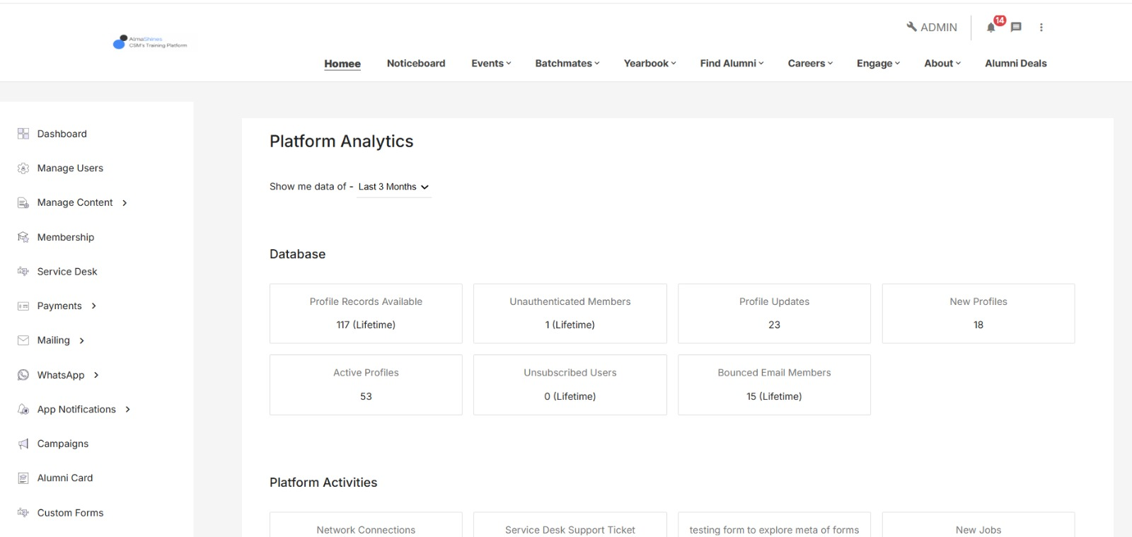 Screenshot of an alumni management software dashboard showing tabs for events, mentorship, fundraising, and alumni directory, demonstrating how Philippine universities connect with graduates digitally