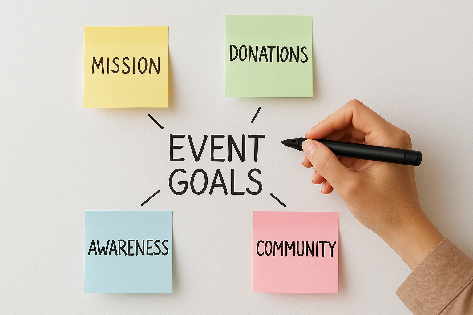 A person writes the word “Community” on a pink sticky note attached to a whiteboard labeled “Event Goals.” Other colorful notes read “Mission,” “Donations,” and “Awareness,” representing nonprofit event planning objectives.