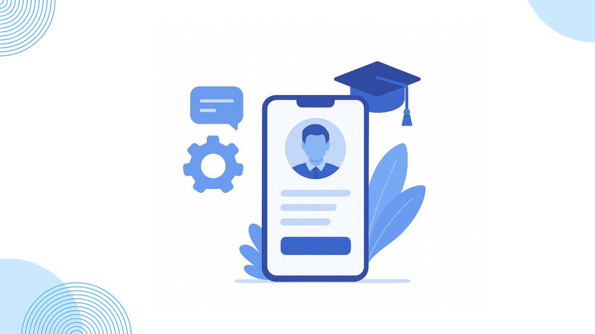 Blue and white digital illustration showing a connected alumni network through mobile devices, symbolizing engagement and communication via a white-labeled alumni app