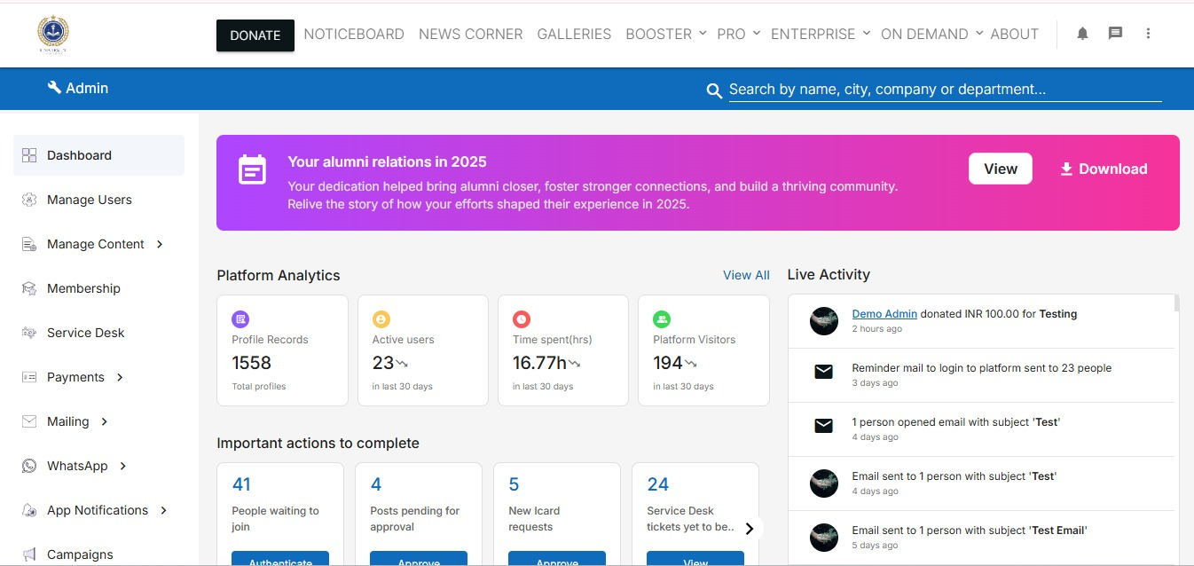 school alumni management system dashboard